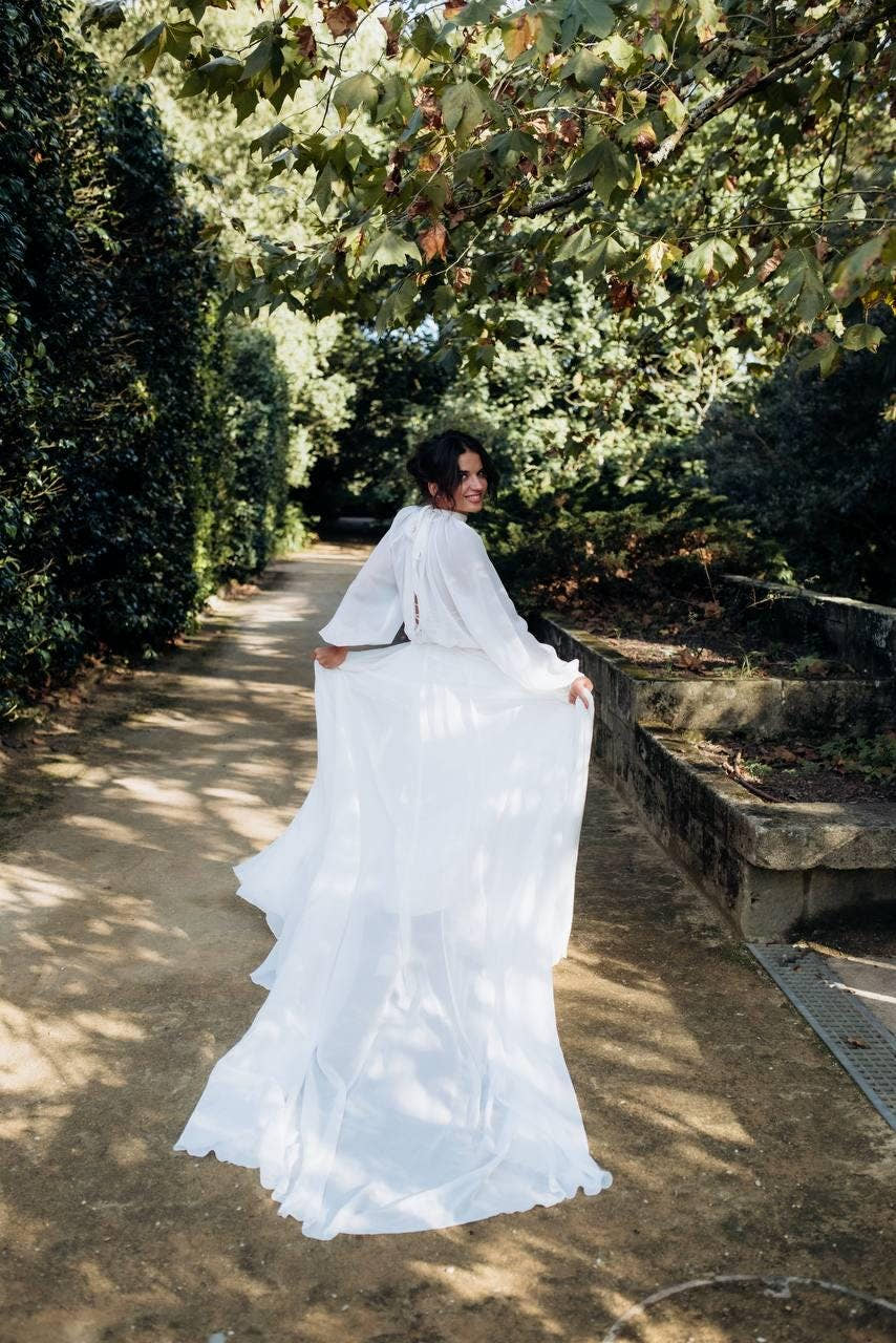 Modest Chiffon Boho Wedding Dress, Long Sleeve High Neck Bridal Gown, Custom