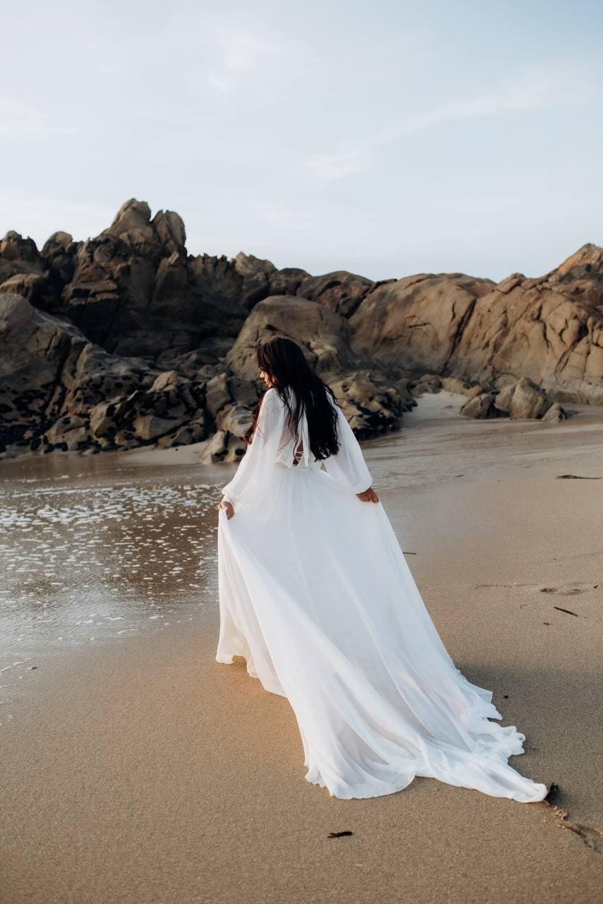 Modest Chiffon Boho Wedding Dress, Long Sleeve High Neck Bridal Gown, Custom
