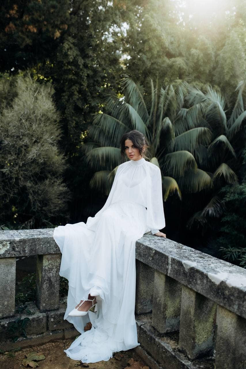 Modest Chiffon Boho Wedding Dress, Long Sleeve High Neck Bridal Gown, Custom