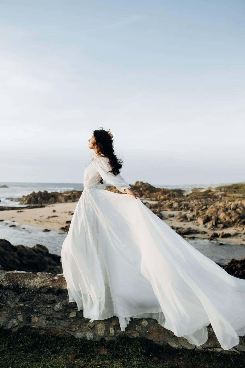 Modest Chiffon Boho Wedding Dress, Long Sleeve High Neck Bridal Gown, Custom