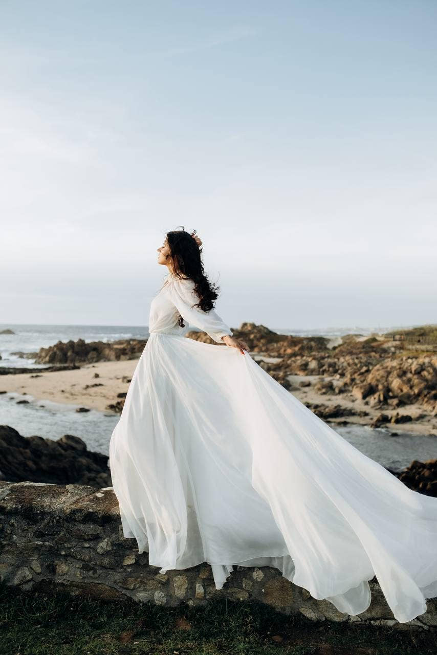 Modest Chiffon Boho Wedding Dress, Long Sleeve High Neck Bridal Gown, Custom