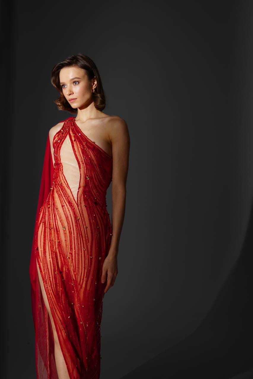 Inferno | Handmade Haute Couture Evening Dress with Silk & Swarovski Crystals, Sculpted Silhouette and Luxury Red‑Carpet