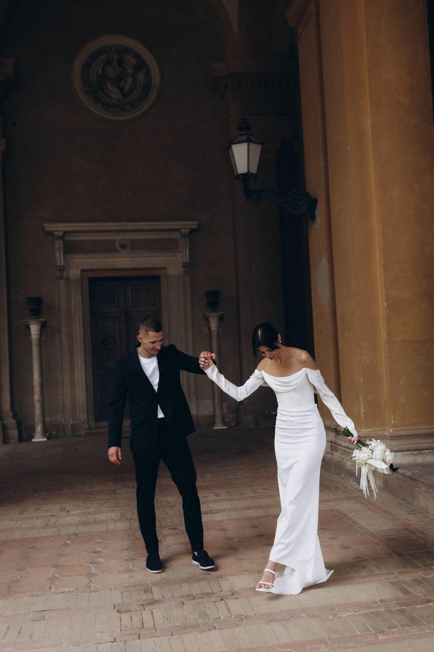 Cowl Neck Wedding Dress, Off-Shoulder Satin Bridal Gown, Long Sleeve Fitted Mermaid, Low Back Lace-Up Corset, Sweep Trai
