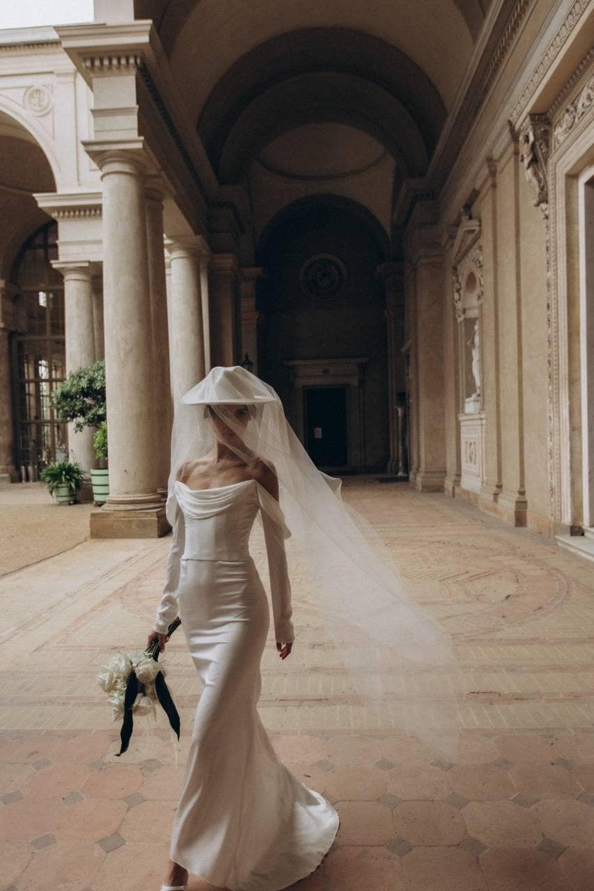Cowl Neck Wedding Dress, Off-Shoulder Satin Bridal Gown, Long Sleeve Fitted Mermaid, Low Back Lace-Up Corset, Sweep Trai