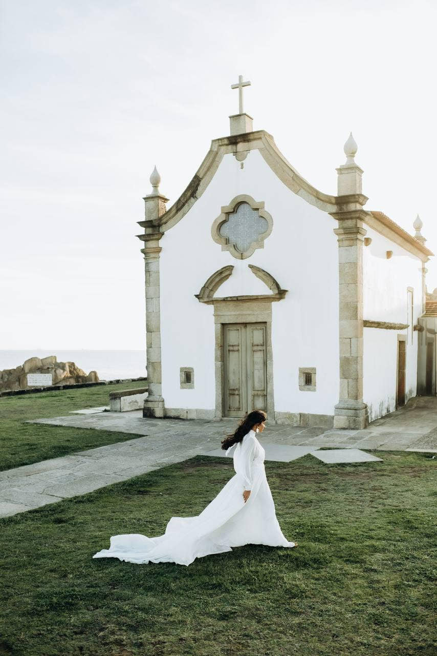 Modest Chiffon Boho Wedding Dress, Long Sleeve High Neck Bridal Gown, Custom