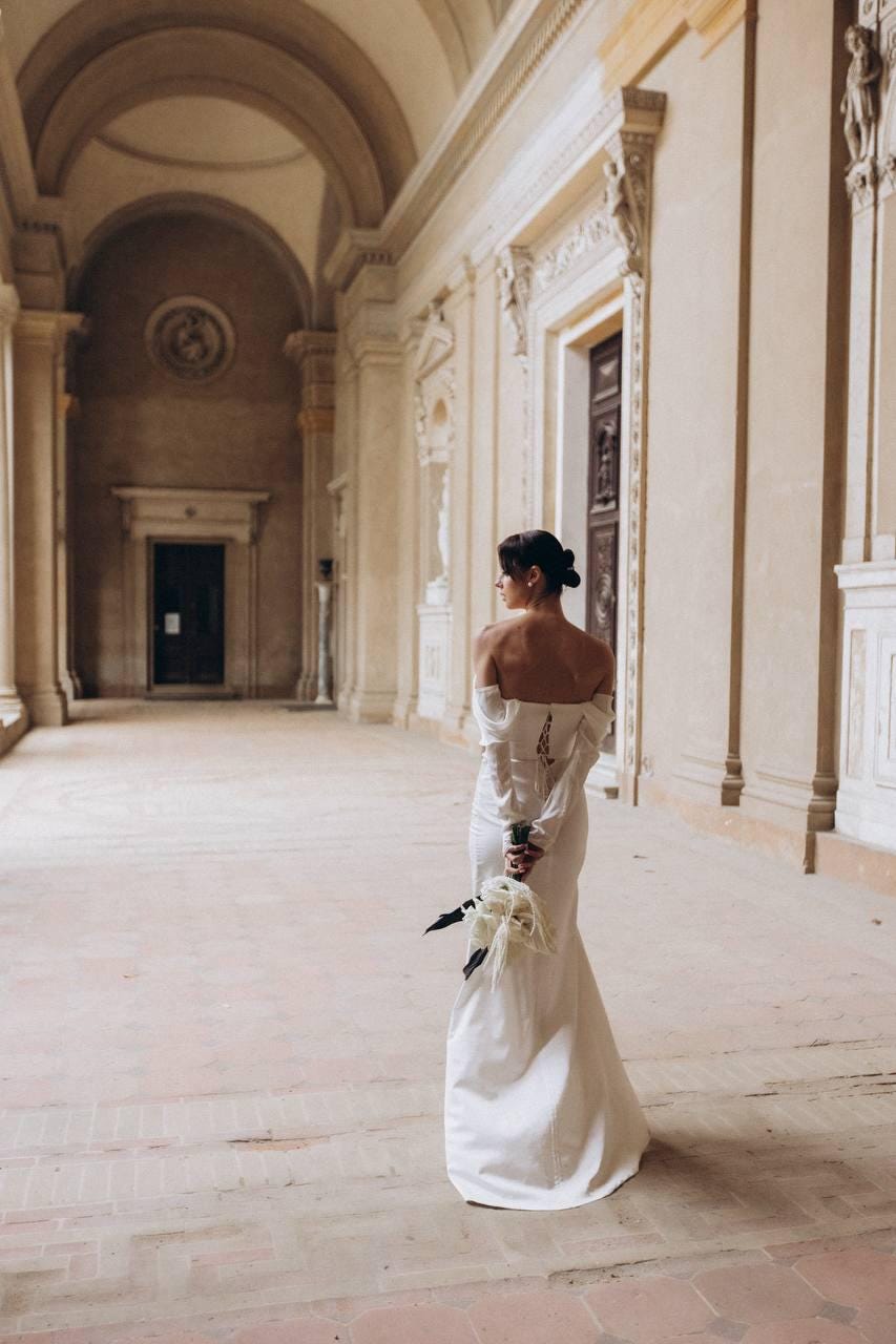Cowl Neck Wedding Dress, Off-Shoulder Satin Bridal Gown, Long Sleeve Fitted Mermaid, Low Back Lace-Up Corset, Sweep Trai