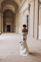 Cowl Neck Wedding Dress, Off-Shoulder Satin Bridal Gown, Long Sleeve Fitted Mermaid, Low Back Lace-Up Corset, Sweep Trai