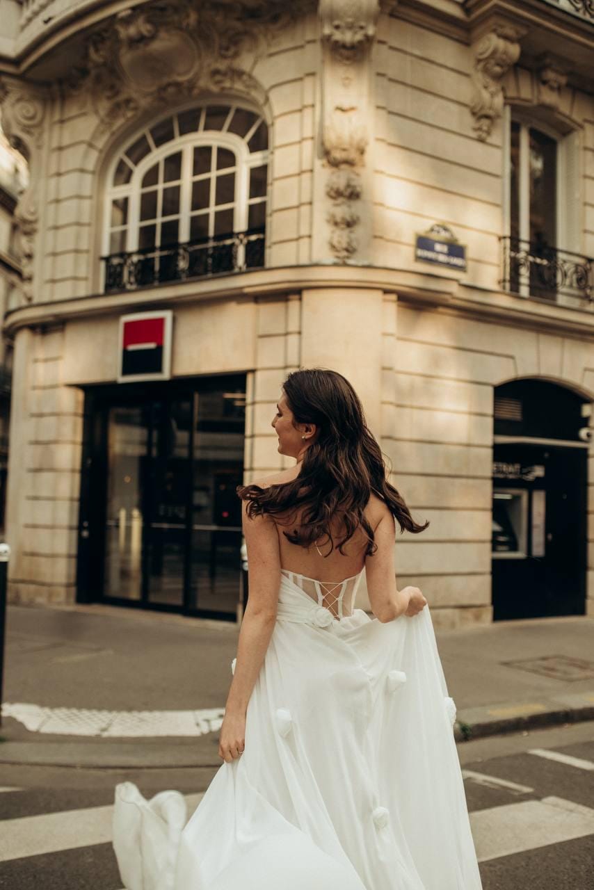 Strapless Chiffon Wedding Dress with 3D Floral Appliqués, Bridal White Dress Flowing Train, Romantic Engagement Gown