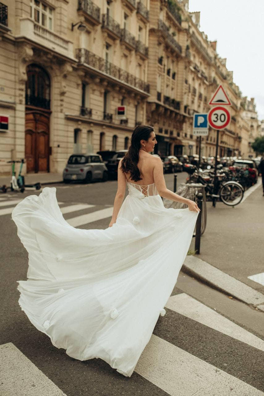 Strapless Chiffon Wedding Dress with 3D Floral Appliqués, Bridal White Dress Flowing Train, Romantic Engagement Gown