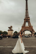 Strapless Chiffon Wedding Dress with 3D Floral Appliqués, Bridal White Dress Flowing Train, Romantic Engagement Gown