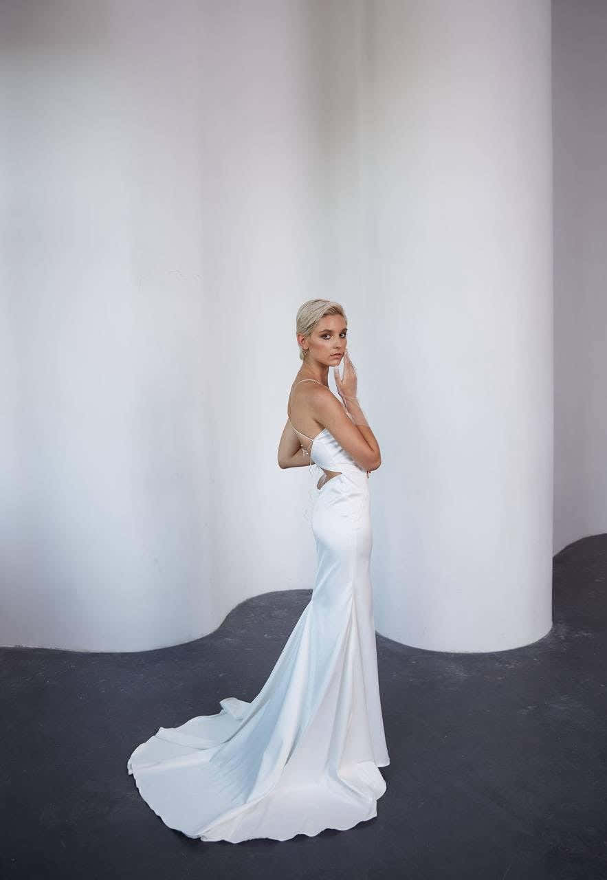Mermaid Wedding Dress, Open Back Spaghetti Strap Satin Bridal Gown, Custom Made