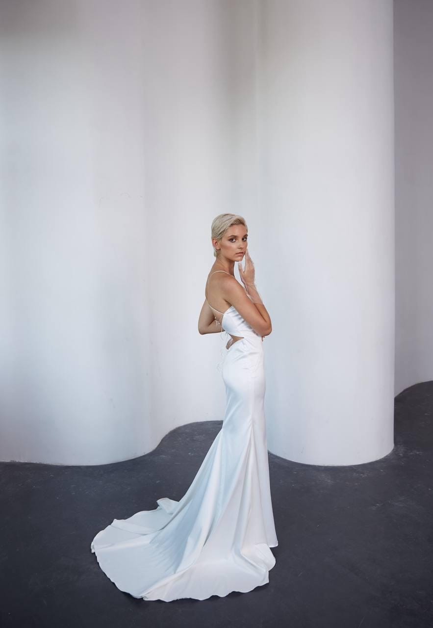Mermaid Wedding Dress, Open Back Spaghetti Strap Satin Bridal Gown, Custom Made