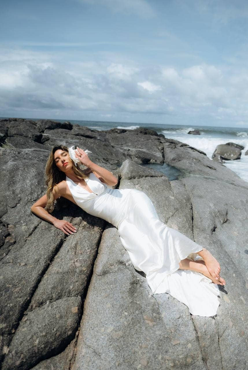Halter Wedding Dress with Detachable Cape, Backless Satin Sheath Gown, Custom