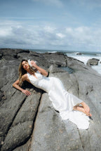 Halter Wedding Dress with Detachable Cape, Backless Satin Sheath Gown, Custom
