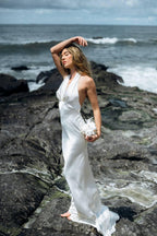 Halter Wedding Dress with Detachable Cape, Backless Satin Sheath Gown, Custom
