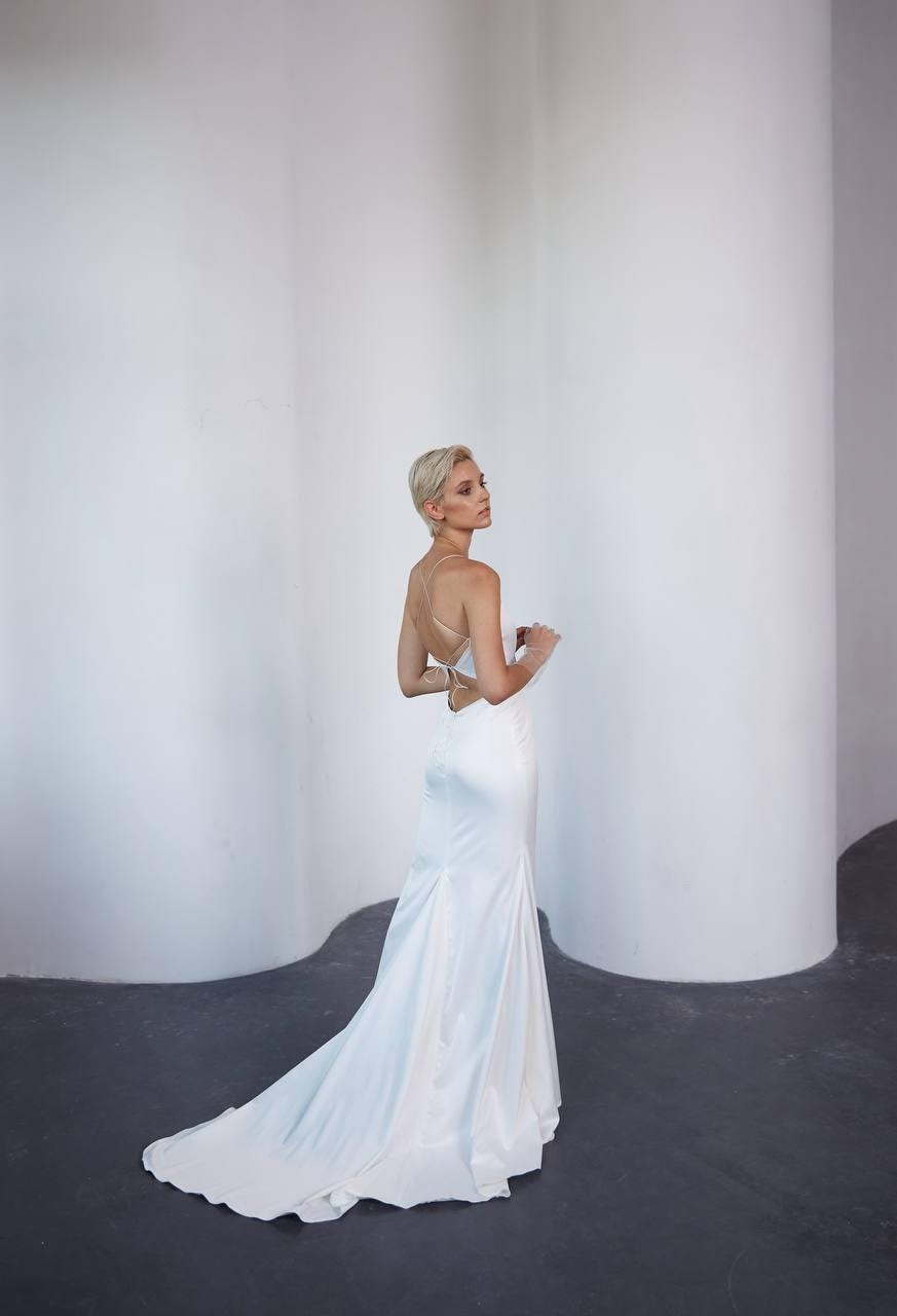 Mermaid Wedding Dress, Open Back Spaghetti Strap Satin Bridal Gown, Custom Made