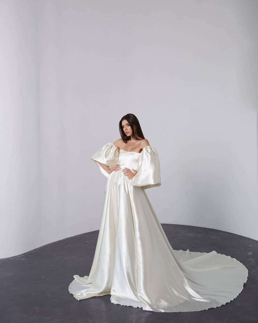 Puff Sleeve Wedding Dress, Off-Shoulder Satin A-Line Gown, High Slit, Custom