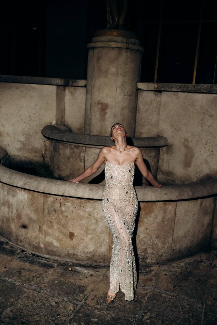 Glimmer | Strapless Nude Sheer Mesh Couture Dress with Silk and Swarovski Accents, Body‑Hugging See‑Through Gown, Custom