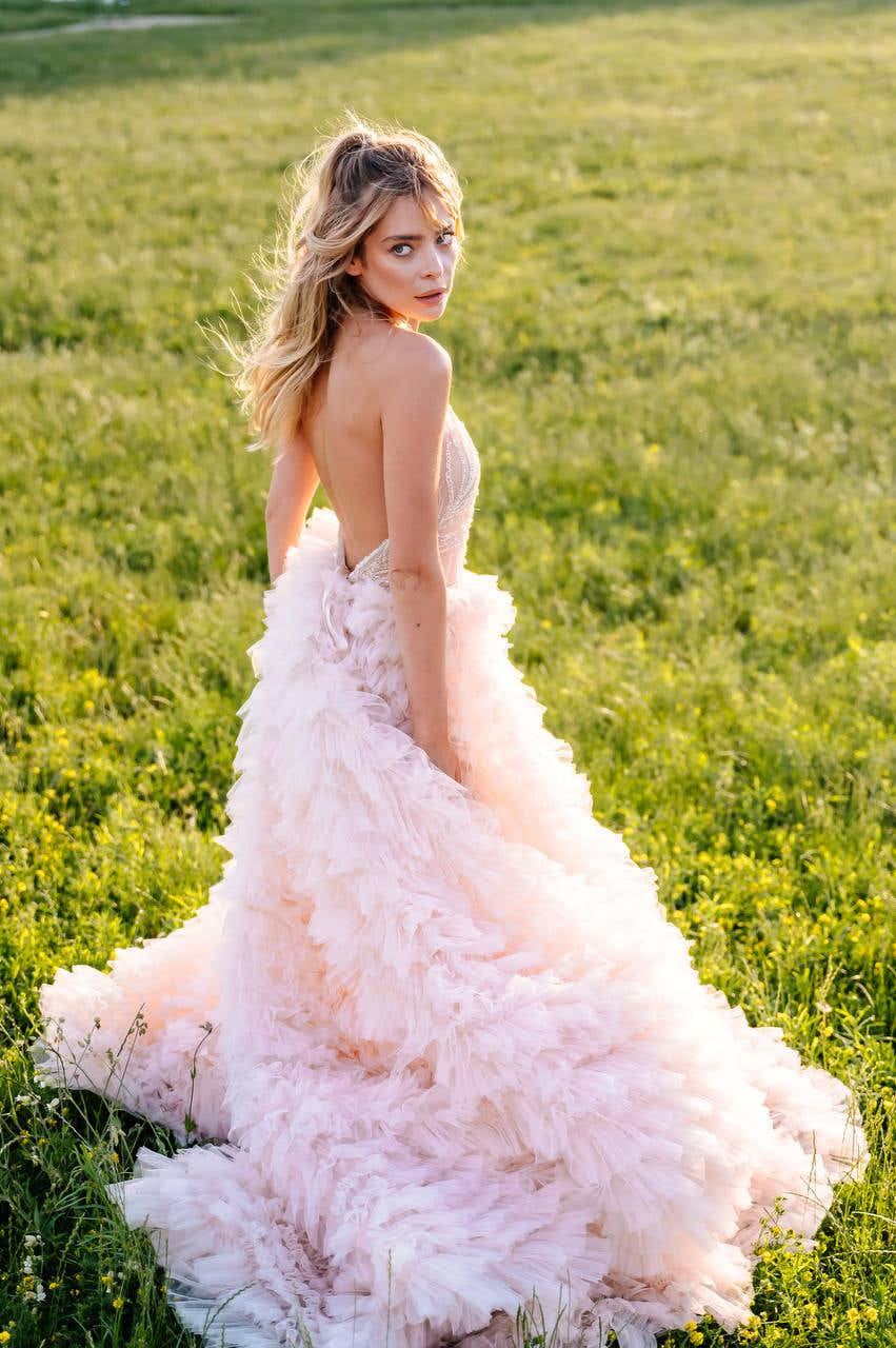 Blush Pink Wedding Dress, Tulle Ball Gown with Halter Beaded Bodice, Custom