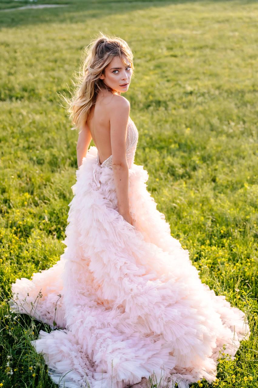 Blush Pink Wedding Dress, Tulle Ball Gown with Halter Beaded Bodice, Custom