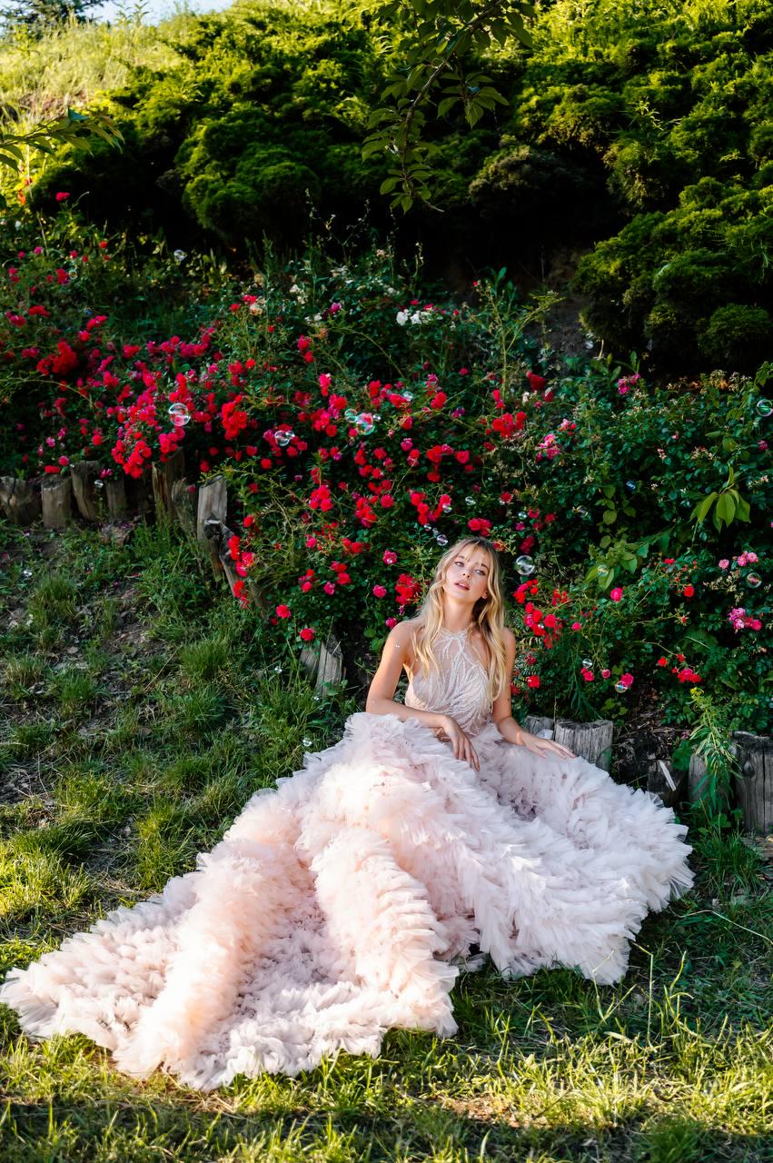 Blush Pink Wedding Dress, Tulle Ball Gown with Halter Beaded Bodice, Custom