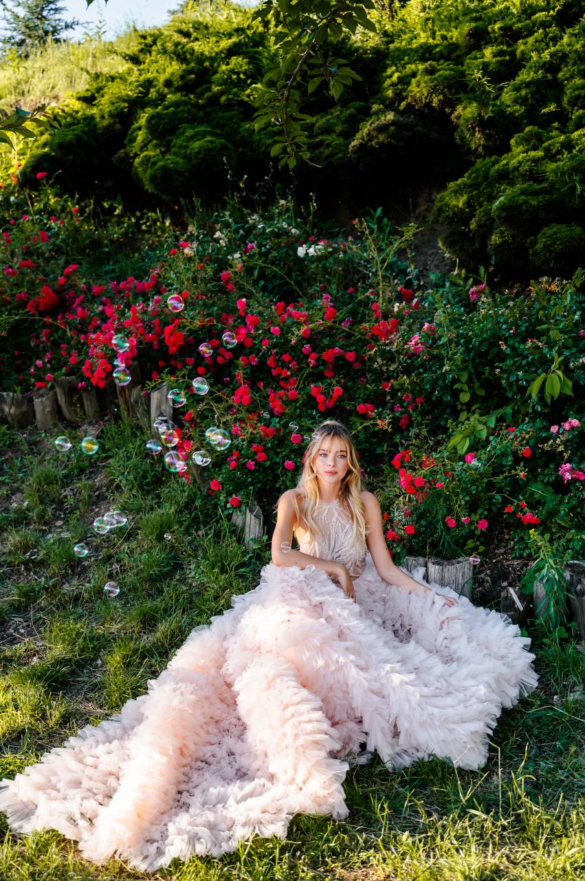 Blush Pink Wedding Dress, Tulle Ball Gown with Halter Beaded Bodice, Custom