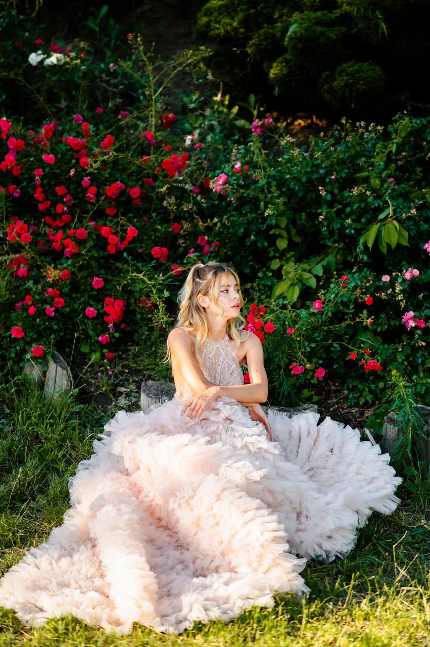 Blush Pink Wedding Dress, Tulle Ball Gown with Halter Beaded Bodice, Custom