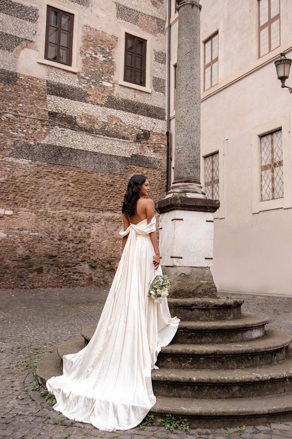 Simple Satin Wedding Dress, Detachable Sleeves, Off-Shoulder A-Line Gown