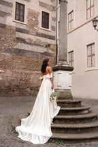 Simple Satin Wedding Dress, Detachable Sleeves, Off-Shoulder A-Line Gown