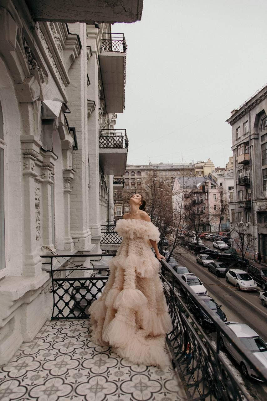 Elysian | Ruffled Fatin Ball Gown with Off‑Shoulder Neckline, Draped Corset Bodice & Voluminous Skirt, Hand‑Finished Cus