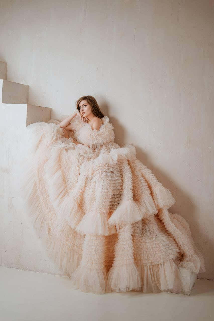 Elysian | Ruffled Fatin Ball Gown with Off‑Shoulder Neckline, Draped Corset Bodice & Voluminous Skirt, Hand‑Finished Cus