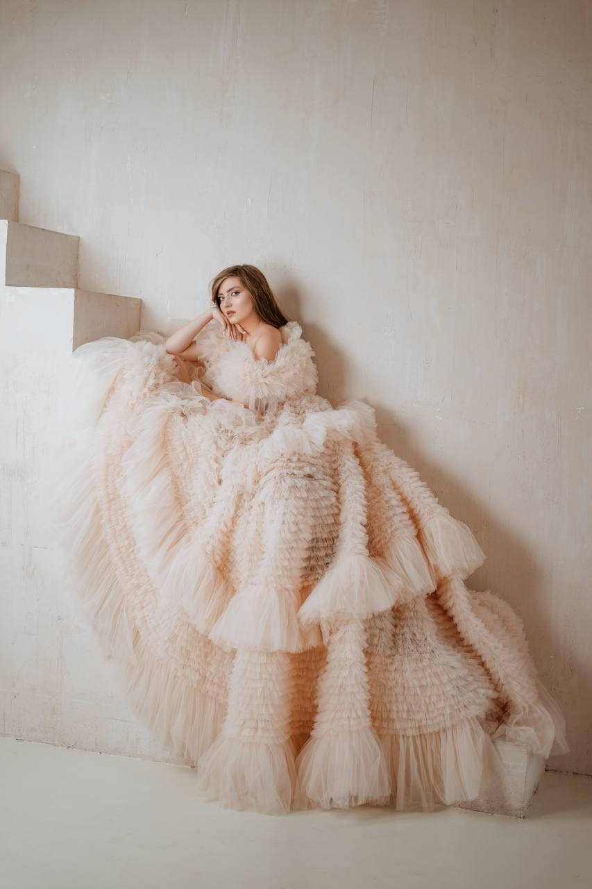 Elysian | Ruffled Fatin Ball Gown with Off‑Shoulder Neckline, Draped Corset Bodice & Voluminous Skirt, Hand‑Finished Cus