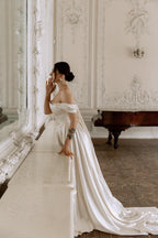 Simple Satin Wedding Dress, Detachable Sleeves, Off-Shoulder A-Line Gown