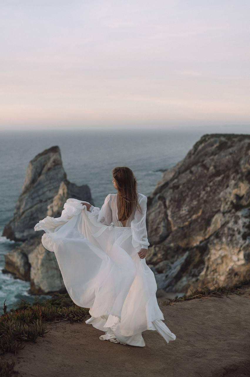 Boho Chiffon Wedding Dress, Open Back A-Line Bridal Gown, Long Sheer Sleeves, V-Neck Flowy Sweep Train, Custom Made to O