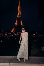Glimmer | Strapless Nude Sheer Mesh Couture Dress with Silk and Swarovski Accents, Body‑Hugging See‑Through Gown, Custom