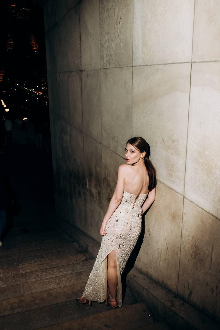 Glimmer | Strapless Nude Sheer Mesh Couture Dress with Silk and Swarovski Accents, Body‑Hugging See‑Through Gown, Custom