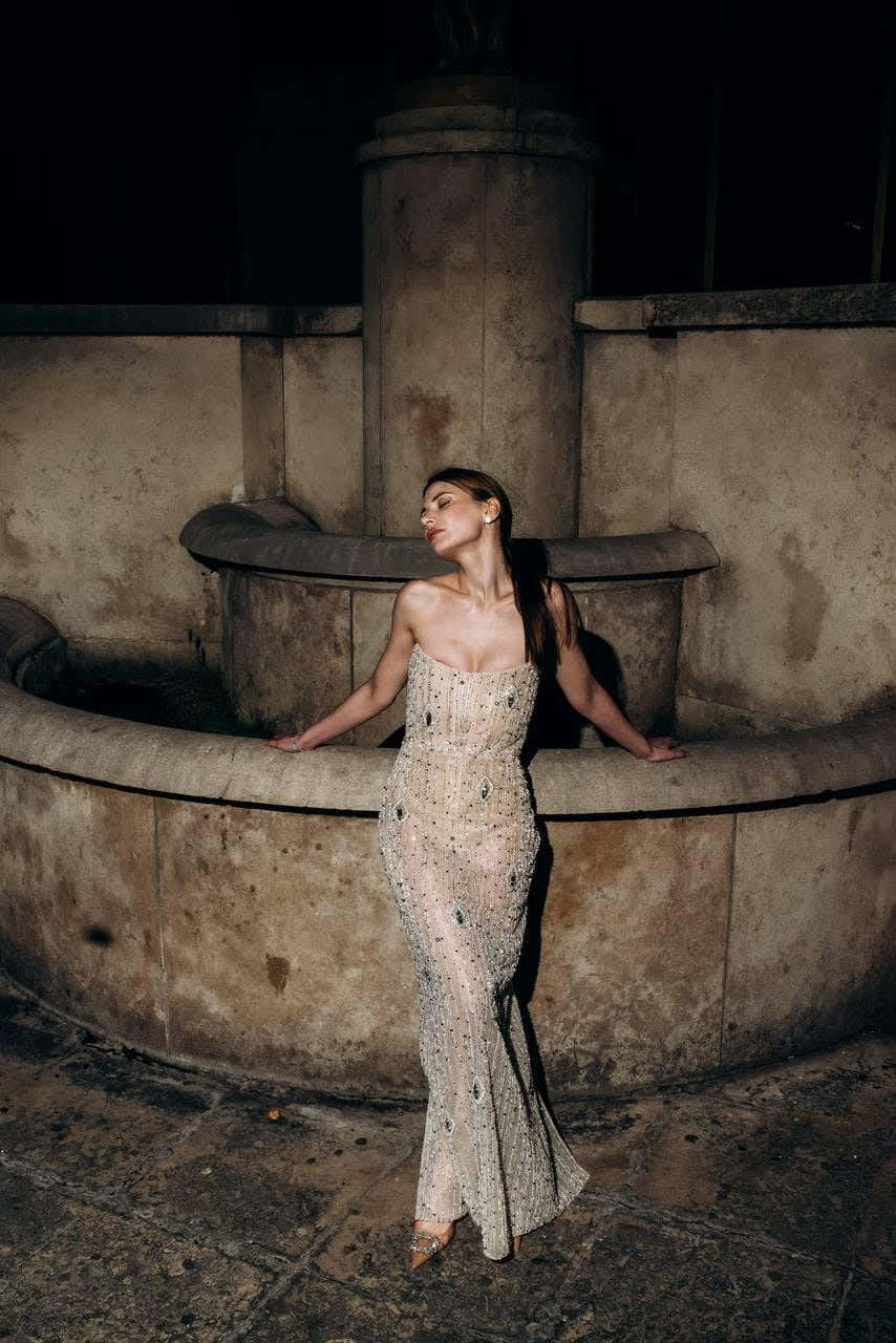Glimmer | Strapless Nude Sheer Mesh Couture Dress with Silk and Swarovski Accents, Body‑Hugging See‑Through Gown, Custom