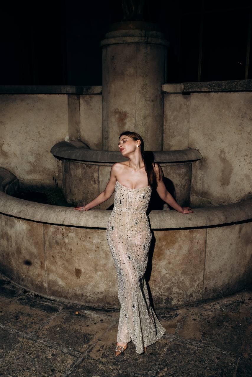 Glimmer | Strapless Nude Sheer Mesh Couture Dress with Silk and Swarovski Accents, Body‑Hugging See‑Through Gown, Custom