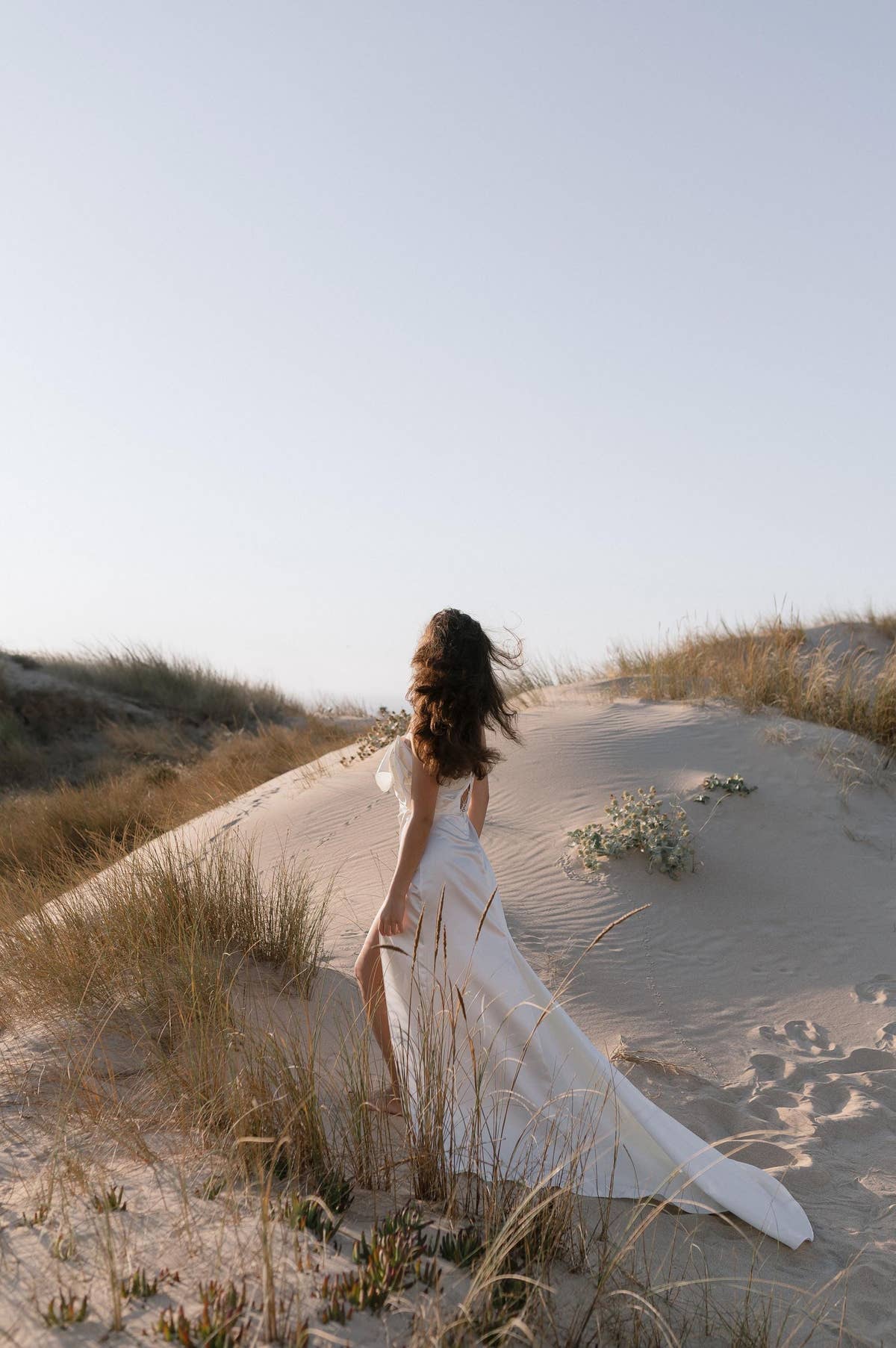 Solaria | Off‑Shoulder Silk Satin Wedding Dress with Open Back, Tailored Fit & Flowing Train, Minimalist Custom Gown