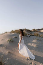 Solaria | Off‑Shoulder Silk Satin Wedding Dress with Open Back, Tailored Fit & Flowing Train, Minimalist Custom Gown