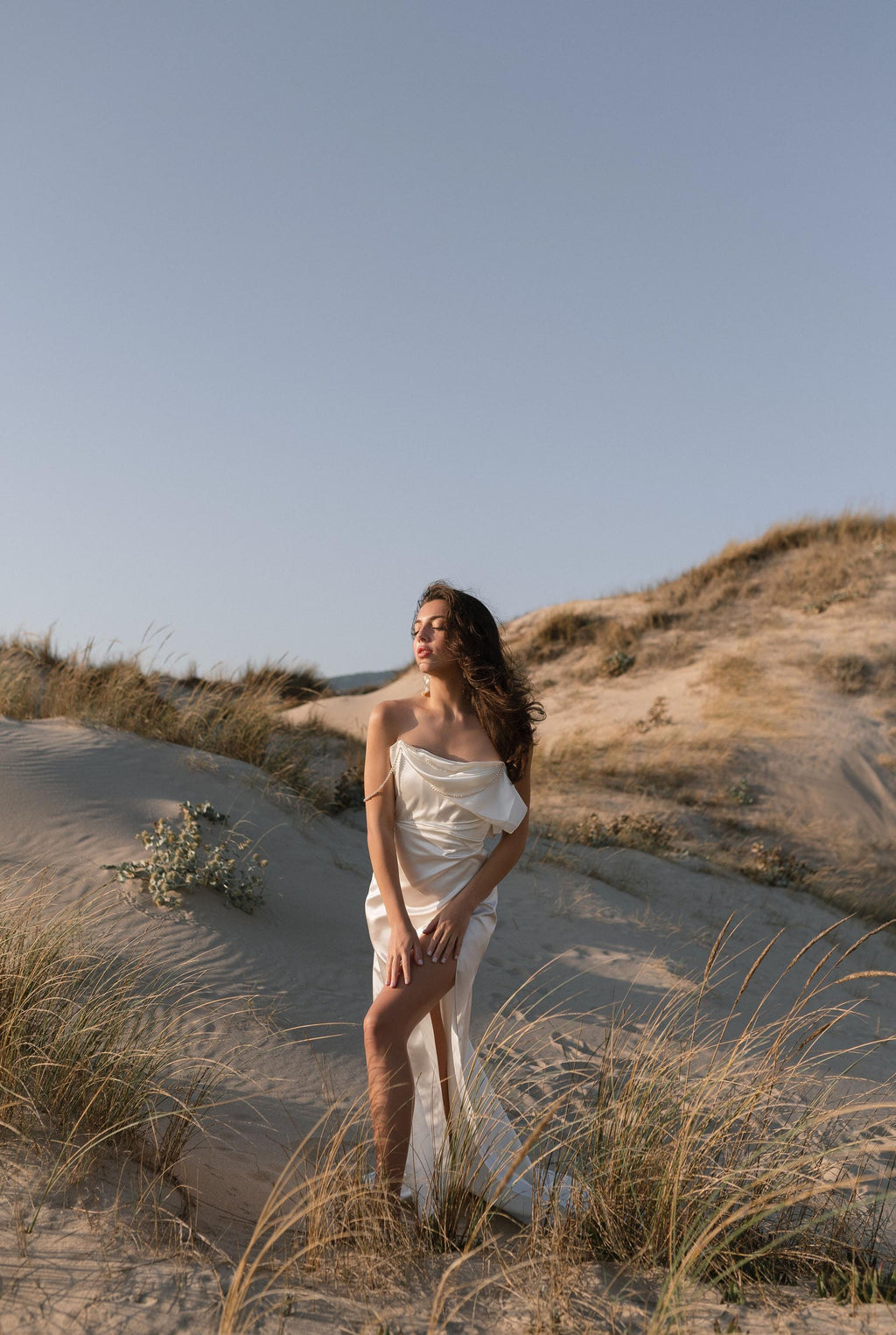 Solaria | Off‑Shoulder Silk Satin Wedding Dress with Open Back, Tailored Fit & Flowing Train, Minimalist Custom Gown