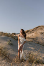 Solaria | Off‑Shoulder Silk Satin Wedding Dress with Open Back, Tailored Fit & Flowing Train, Minimalist Custom Gown