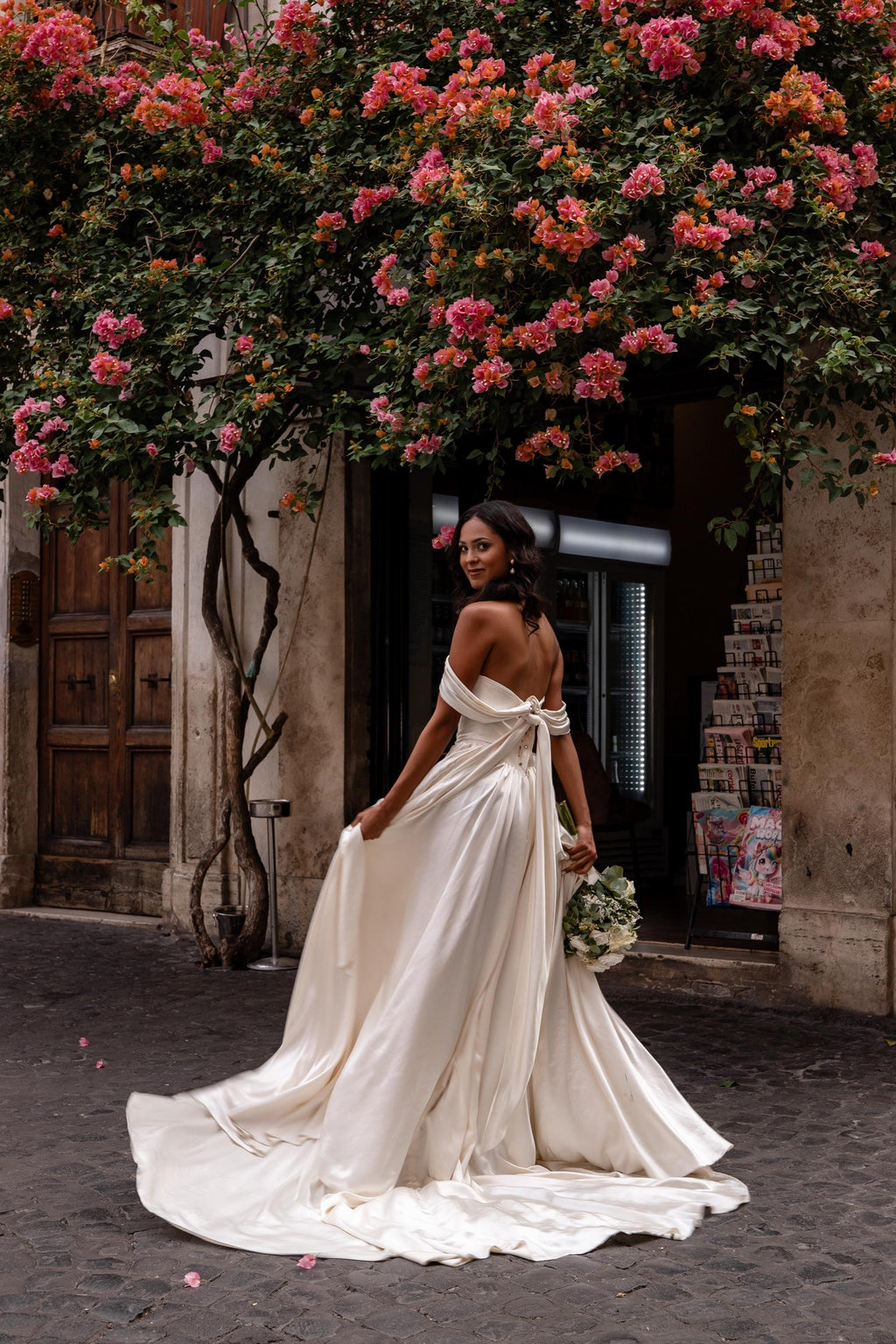 Simple Satin Wedding Dress, Detachable Sleeves, Off-Shoulder A-Line Gown