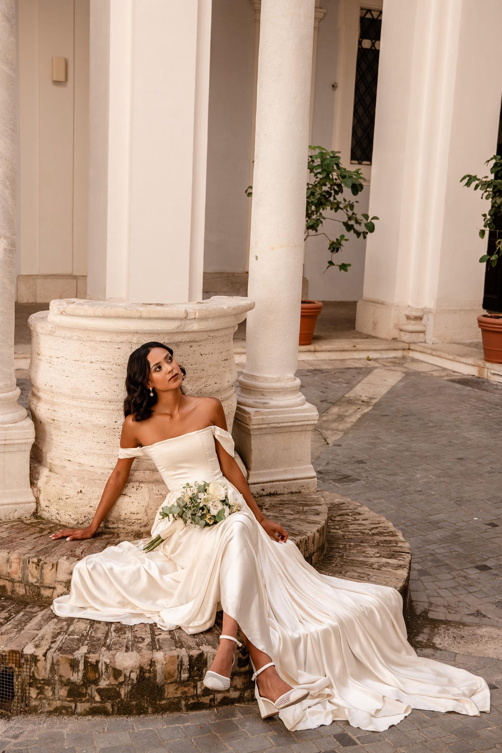 Simple Satin Wedding Dress, Detachable Sleeves, Off-Shoulder A-Line Gown