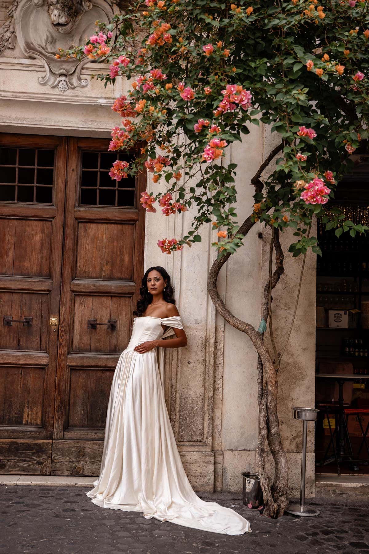 Simple Satin Wedding Dress, Detachable Sleeves, Off-Shoulder A-Line Gown