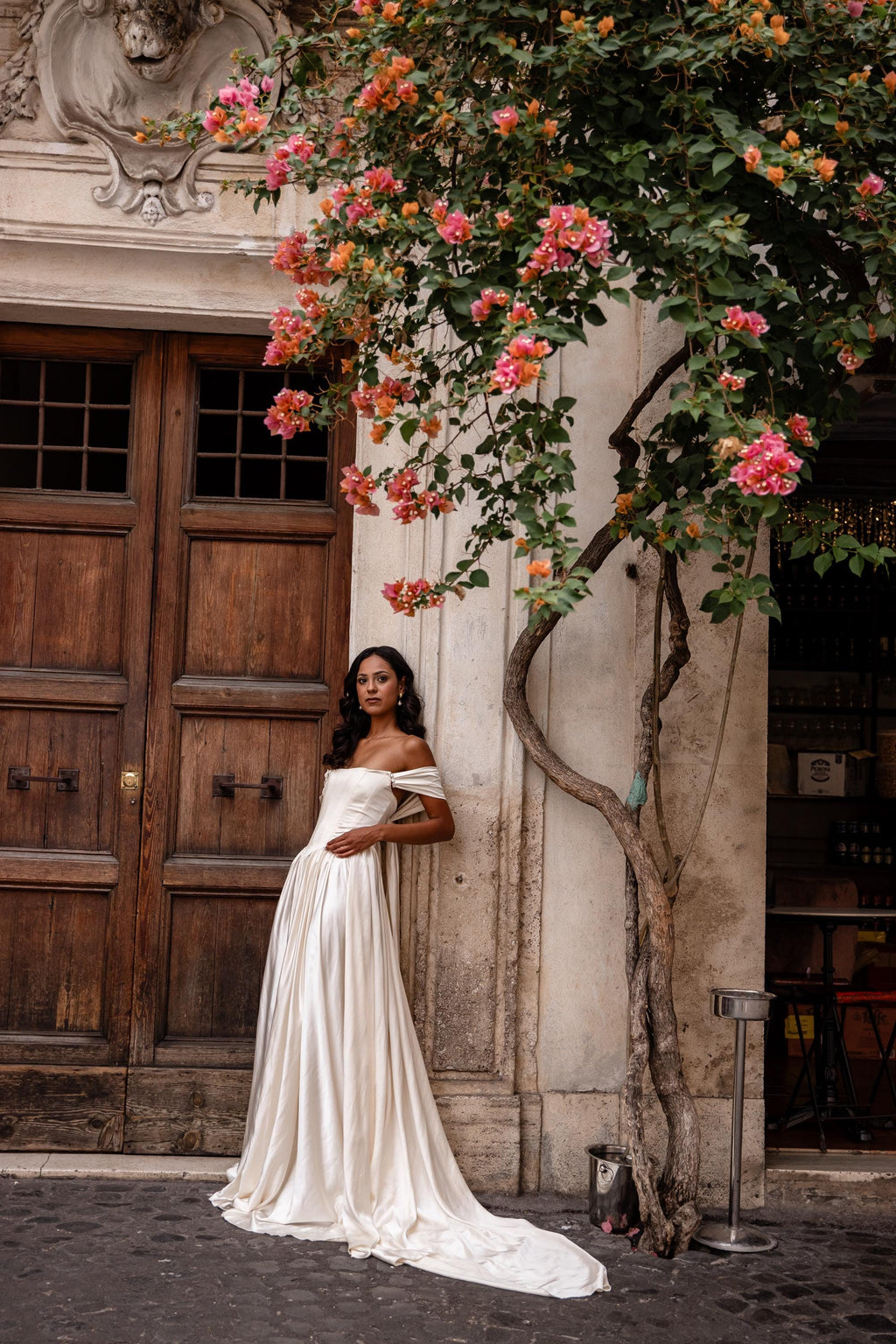 Simple Satin Wedding Dress, Detachable Sleeves, Off-Shoulder A-Line Gown
