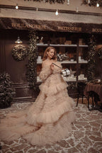 Elysian | Ruffled Fatin Ball Gown with Off‑Shoulder Neckline, Draped Corset Bodice & Voluminous Skirt, Hand‑Finished Cus