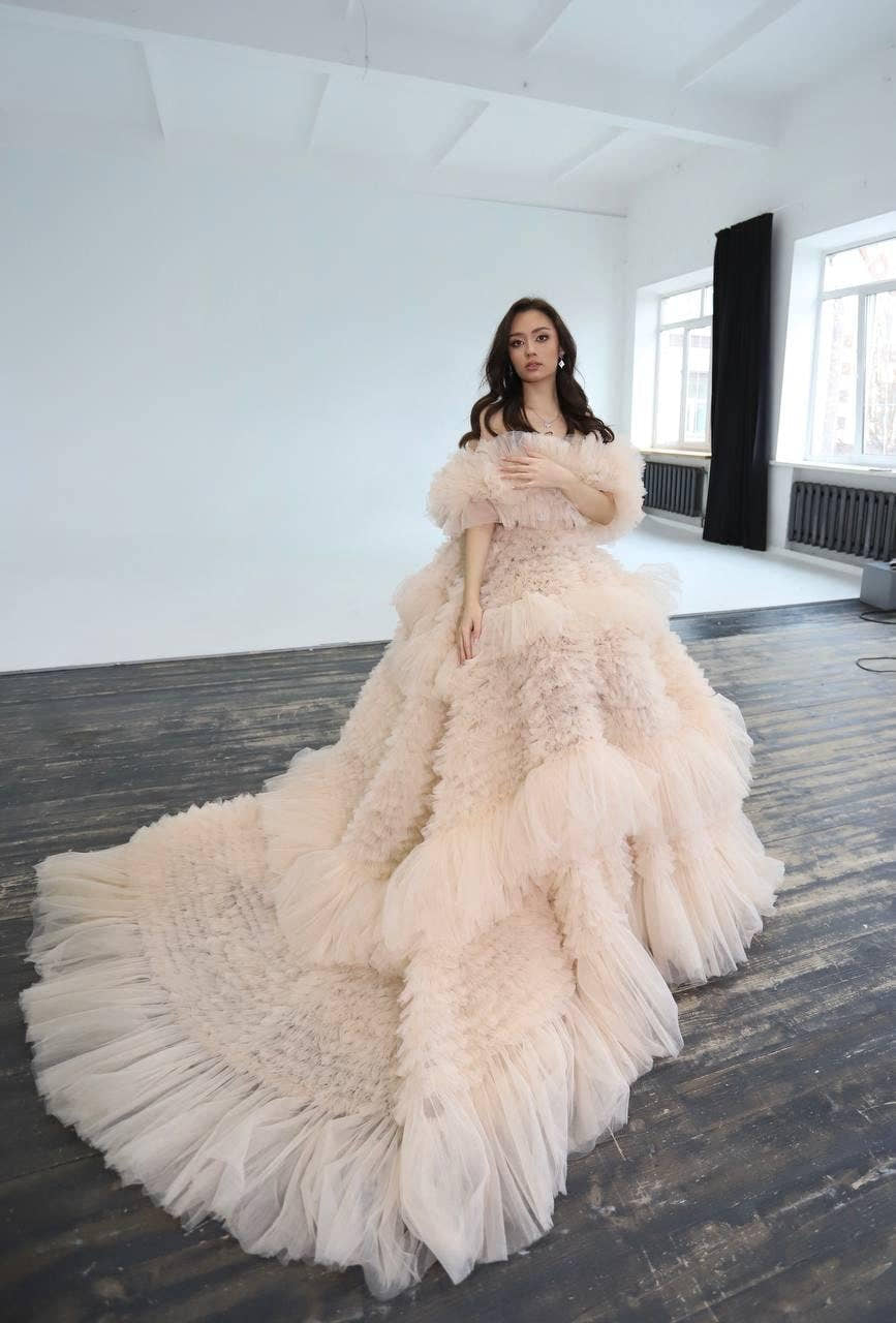 Elysian | Ruffled Fatin Ball Gown with Off‑Shoulder Neckline, Draped Corset Bodice & Voluminous Skirt, Hand‑Finished Cus