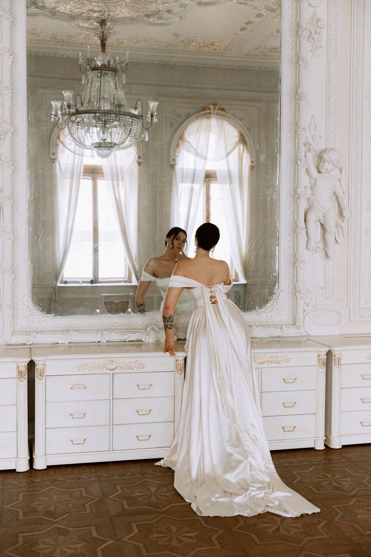 Simple Satin Wedding Dress, Detachable Sleeves, Off-Shoulder A-Line Gown