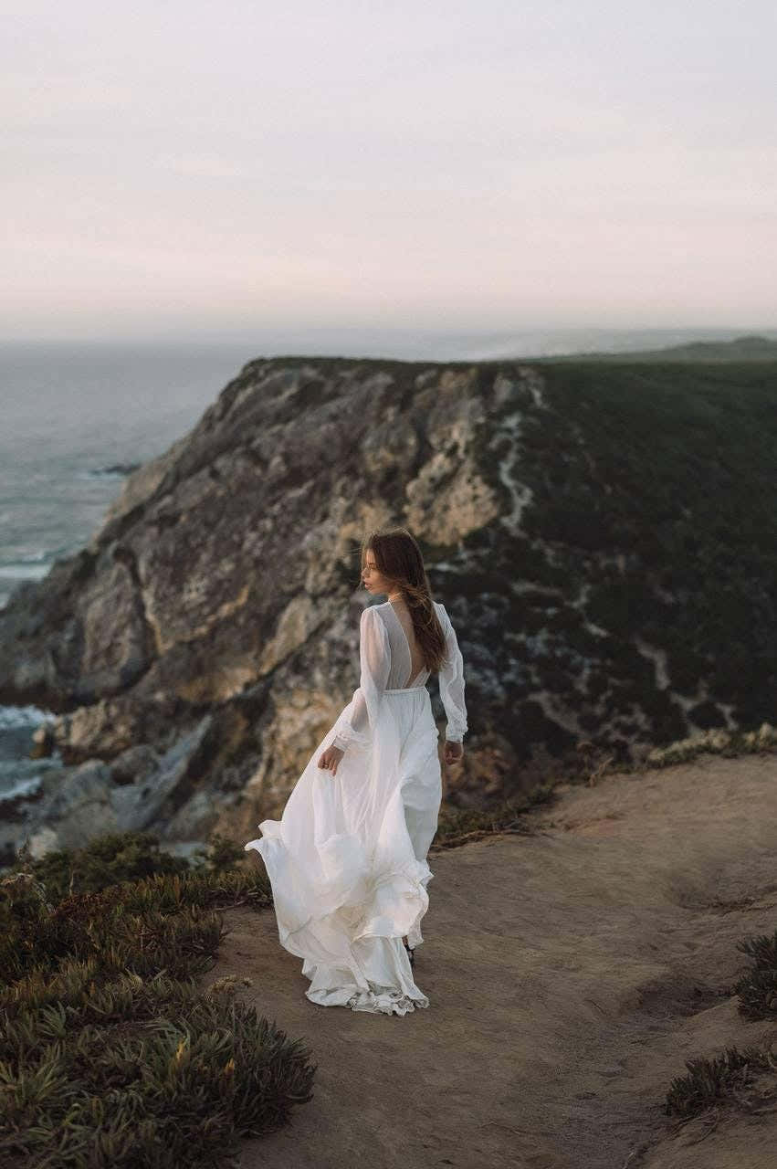 Boho Chiffon Wedding Dress, Open Back A-Line Bridal Gown, Long Sheer Sleeves, V-Neck Flowy Sweep Train, Custom Made to O